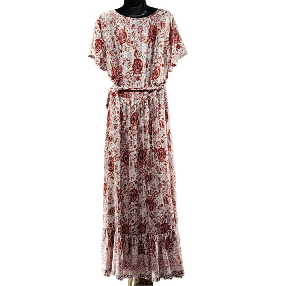 ZESICA Red & Cream Floral Wrap Maxi Dress, Size medium - Picture 2 of 5